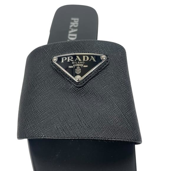 Prada Saffiano Triangle Logo Plaque Slide Flat Sandal Black Size 36.5 - Picture 5 of 11